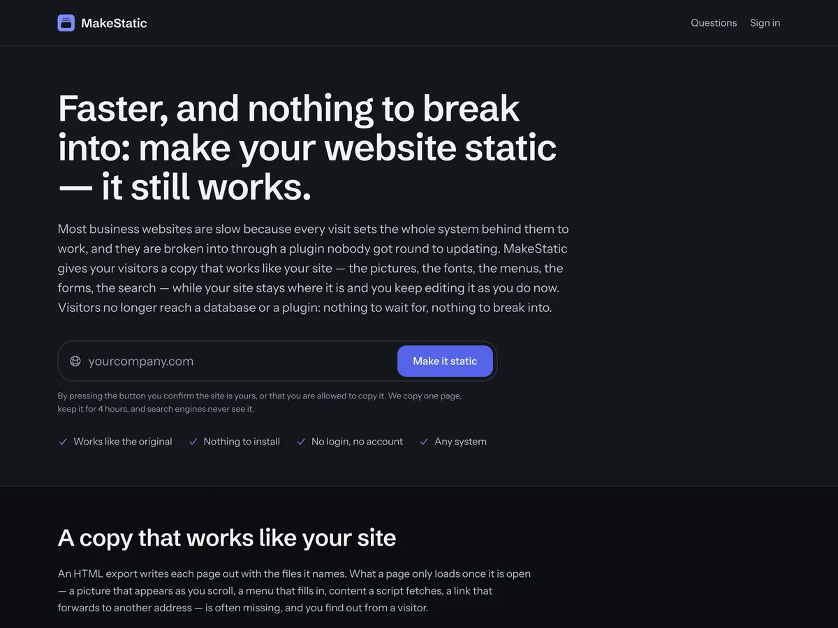 The MakeStatic landing page with its address field