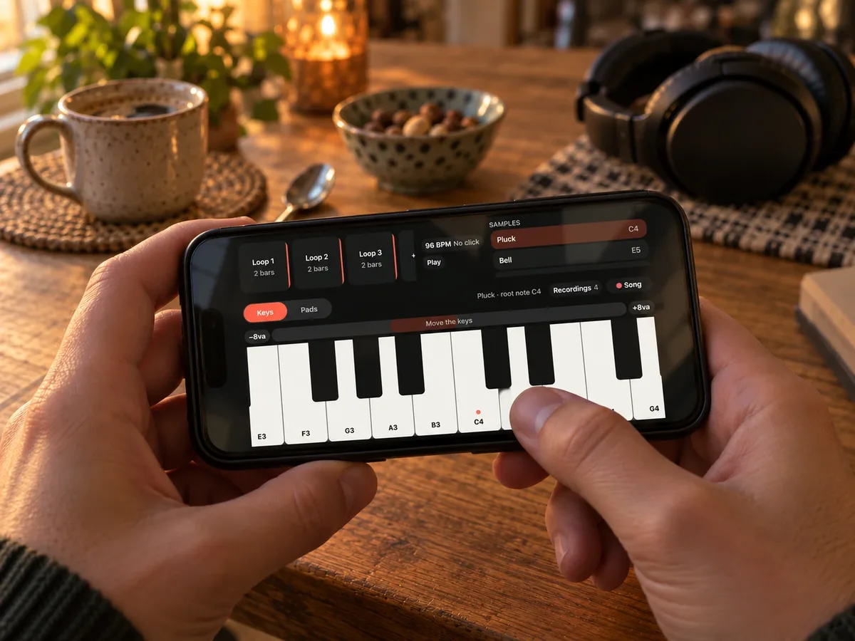 SimpleSampler's keyboard played on a phone held sideways at a kitchen table
