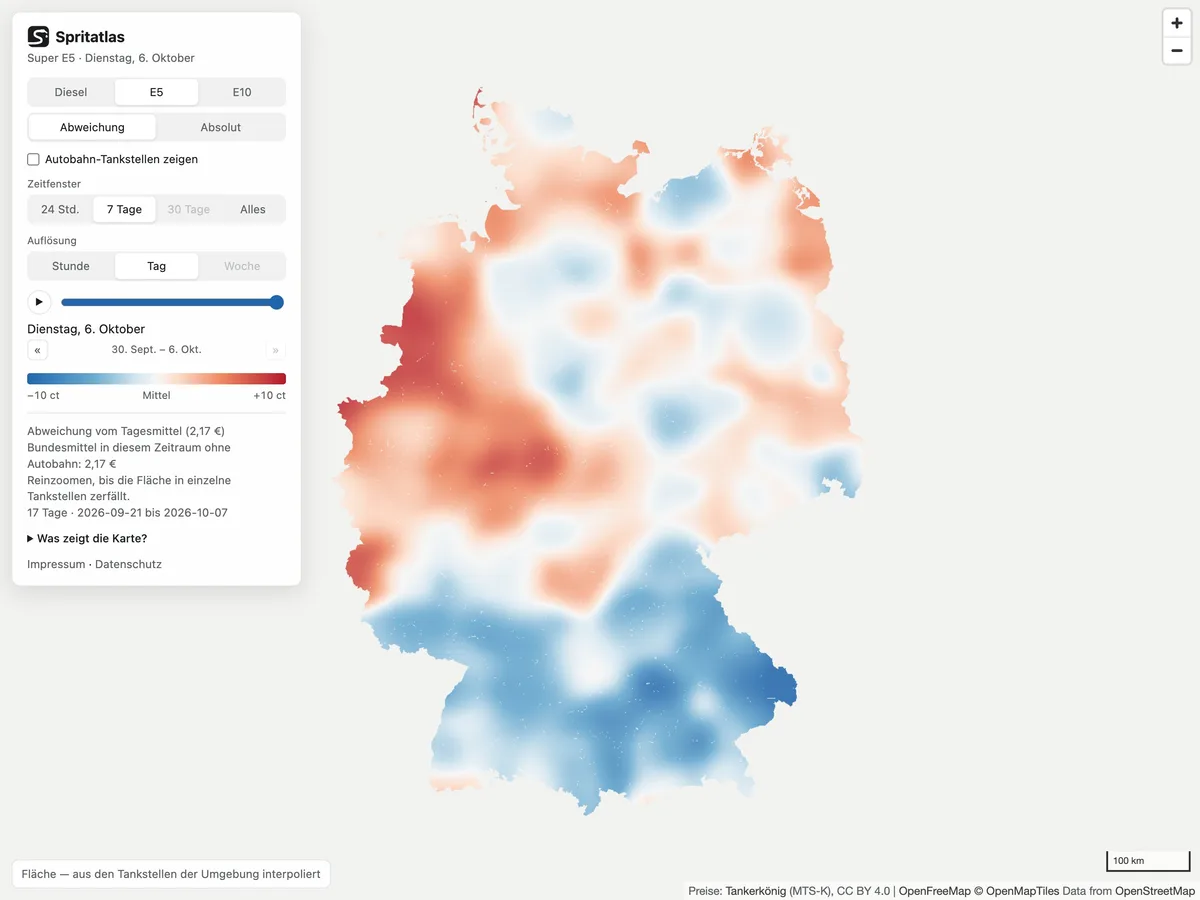 Spritatlas showing Super E5 prices across Germany, expensive in the west and cheap in the south