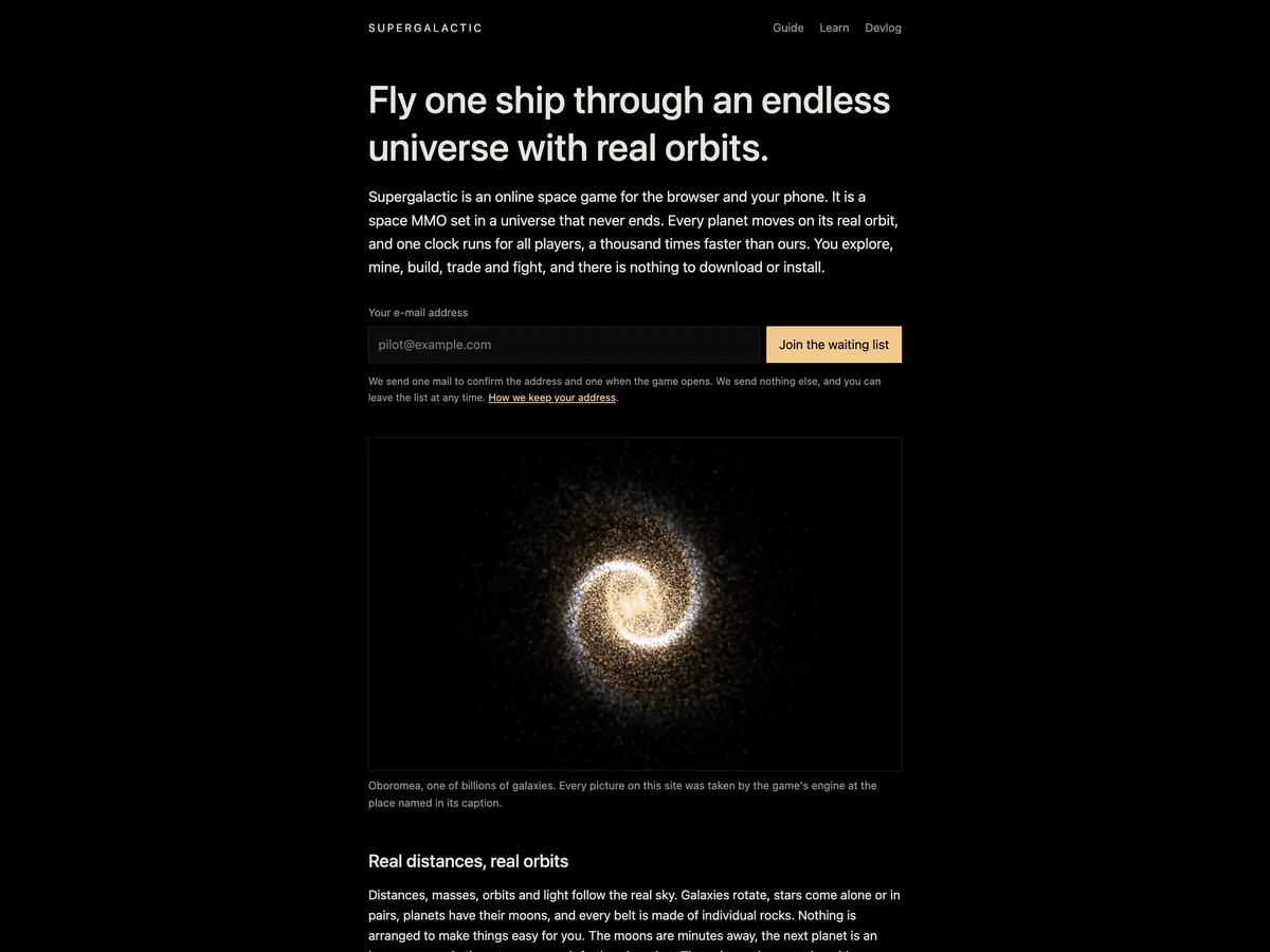 The Supergalactic landing page with the galaxy Oboromea below its waiting list