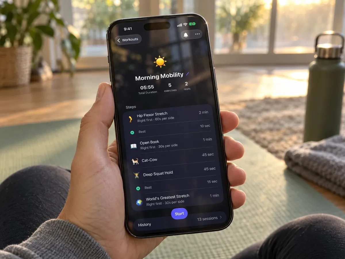 A Workout Timer routine and its steps on a phone held over a yoga mat